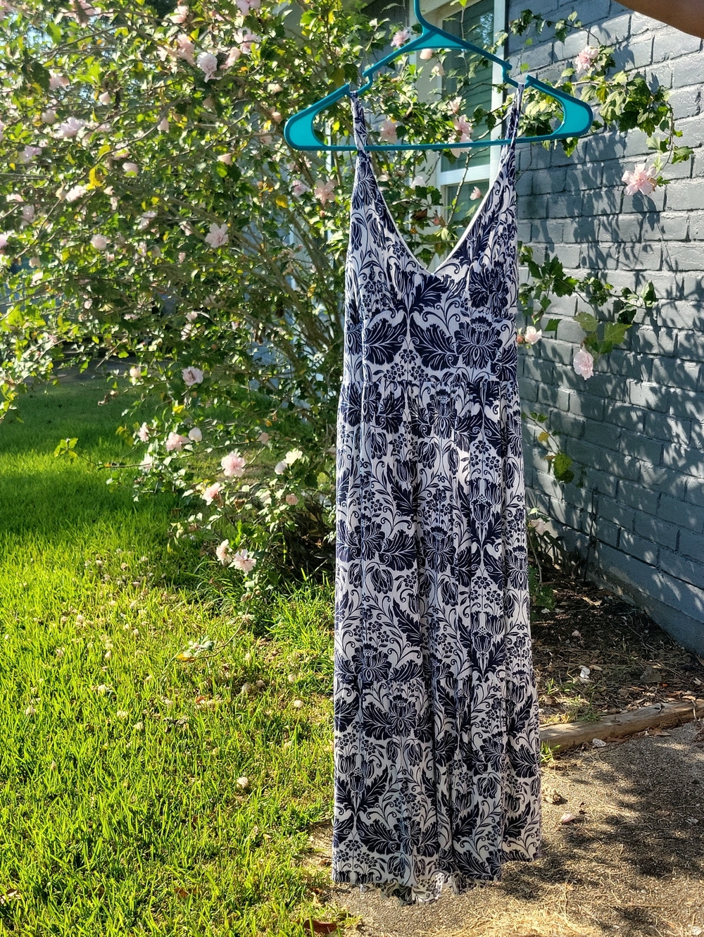 Navy and White Floral Maxi Dress with V-Neck
